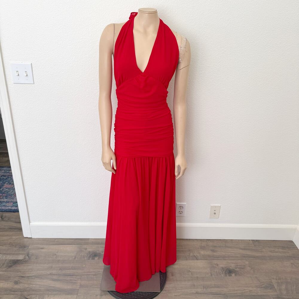 [Anthropologie] Bardot Red Mave Halter Neck Maxi Dress Low Back Ruched Slit 12 - Picture 2 of 12